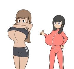 2girls annoyed big_breasts black_hair black_short_shorts black_sports_bra breasts brown_hair coach exercise female_only long_hair lucia_(mrwings) lucia_mendoza mrwings navel red_track_suit sara_(mrwings) sara_moren short_shorts shorts solo sports_bra tagme tanktop track_jacket track_pants underboob undressing