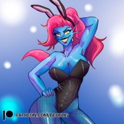 1girls 2d anthro bedbug_(artist) blue_skin bunny_ears bunnysuit deltarune female female_only fish fish_girl fishnets furry humanoid pinup_pose playboy_bunny red_hair sharp_teeth solo tagme undertale undertale_(series) undyne undyne_(deltarune)