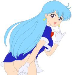 1girls aqua_hair ass bottomless busakumas female highres long_hair miniskirt photoshop purple_eyes pussy short_dress skirt smile stewardess tenjouin_katsura vector_trace yat_anshin_uchuu_ryokou