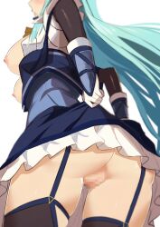 blue_hair breasts censored commentary_request eiyuu_densetsu female from_below garter_belt gloves highres kuro_no_kiseki long_hair medium_breasts morisobo mosaic_censoring nipples parted_lips pleated_skirt pussy risette_twinings simple_background skirt solo white_background white_gloves white_skirt