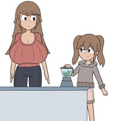 2girls blender_(object) breasts brown_hair cleavage huge_breasts long_hair mother_and_daughter mrwings naty_moren plain_background sara_(mrwings) sara_moren tagme training twintails white_background