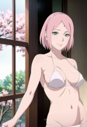 1girls ai_generated arm_support bare_legs bare_midriff bare_shoulders bare_thighs boruto:_naruto_next_generations bra breasts cherry_blossoms cleavage curvaceous curvy curvy_figure female female_only indoors light-skinned_female light_skin lingerie looking_at_viewer mature mature_female midriff milf nai_diffusion naruto naruto:_the_last naruto_(series) naruto_shippuden pale-skinned_female pale_skin panties pelvic_curtain pelvic_line sagging_breasts sakura_haruno smile solo solo_focus stable_diffusion underwear underwear_only upper_body white_bra white_panties window yeejin22