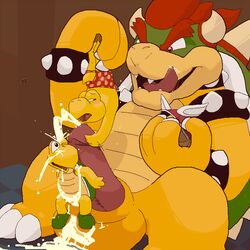 argon_vile black_eyes bowser cum erection furry furry_only green_shell handjob koopa male male_only mario_(series) nintendo no_humans penis red_eyes shell size_difference spiky_shell threesome yaoi