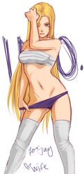 1girls bandage bandages blonde_hair blue_eyes character_name female female_only hair_down human ino_yamanaka long_hair looking_at_viewer midriff mound_of_venus naruto navel panties panty_pull purple_panties sarashi socks solo standing starchii thigh_socks thighhighs very_long_hair white_background white_legwear white_socks