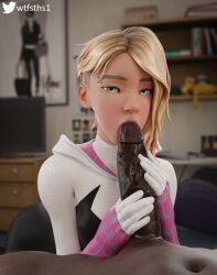 1boy 1girls 3d 3d_(artwork) blender blonde_hair blowjob blue_eyes dark-skinned_male dark_skin erection eyebrow_piercing fellatio gwen_stacy gwen_stacy_(spider-verse) huge_cock interracial light-skinned_female light_skin marvel marvel_comics oral oral_sex partial_male penis piercing piercings short_hair sloppy sloppy_blowjob spider-gwen spider-man:_across_the_spider-verse spider-man:_into_the_spider-verse spider-man_(series) straight sucking sucking_penis superheroine teenage_girl teenager wtfsths