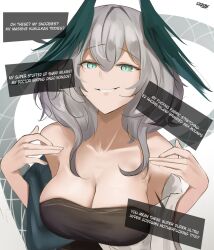 1girls arknights big_breasts cleavage dress english_text eroborne feather_hair female female_only gray_hair grin ho'olheyak_(arknights) large_breasts light-skinned_female looking_at_viewer meme seductive_look simple_background smile smug solo text