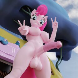 3d_(artwork) animal_genitalia animal_penis anthro areola balls big_balls big_penis blue_eyes breasts cutie_mark digital_media_(artwork) double_v_sign earth_pony equid equine equine_genitalia equine_penis friendship_is_magic futa_only futanari genitals gesture hair hasbro hi_res horse huge_balls huge_cock looking_at_viewer looking_down looking_down_at_viewer low-angle_view mammal my_little_pony navel nipples nude outside penis pink_body pink_hair pinkie_pie_(mlp) pony smile smiling_at_viewer solo twintails3d v_sign worm's-eye_view