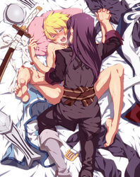 anal barefoot bed black_hair blonde_hair blush feet flynn_scifo hand_holding heavy_breathing keiko_rin long_hair male multiple_boys sex short_hair soles spread_legs sweat tales_of_(series) tales_of_vesperia toes weapon yaoi yuri_lowell