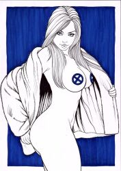 blue_eyes breasts censored censored_breasts coat curvy curvy_female curvy_figure emma_frost female female_only hellfire_club hourglass_figure large_breasts looking_at_viewer marvel marvel_comics nude nude_female pencil_(artwork) rick_waekmann_(artist) white_queen x-men