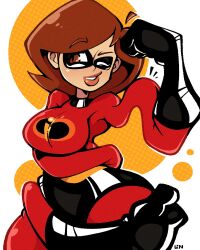 brown_hair curvy disney elastic_body elastigirl helen_parr legendofnerd medium_breasts medium_hair orange_background pixar the_incredibles thick_thighs thighs white_background wide_hips