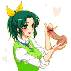 blush caressing_testicles censored clothing female green_eyes green_hair handjob looking_at_viewer midorikawa_nao neziiro penis pointless_censoring ponytail precure pretty_cure school_uniform short_hair smile smile_precure testicles tied_hair