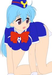 1girls aqua_hair busakumas female highres legs long_hair miniskirt no_panties photoshop purple_eyes short_dress skirt stewardess tenjouin_katsura thighs vector_trace yat_anshin_uchuu_ryokou