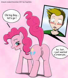 2012 anus ass blue_eyes cutie_mark english_text equine female foxychris friendship_is_magic hair horse human humanoid interspecies inviting long_hair looking_back my_little_pony open_mouth pink_hair pinkie_pie_(mlp) pony presenting pussy seductive straight_hair text tongue tongue_out