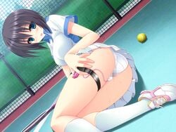 black_hair blush censored game_cg hoshizora_e_kakaru_hashi hoshizora_e_kakaru_hashi_aa naturalton panties pussy_juice short_hair tennis underwear vibrator yocchan