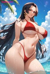 1girls ai_generated beach big_breasts bikini bikini_bottom bikini_top blue_eyes boa_hancock bombacopta breasts cleavage cleavage_overflow curvaceous earring female female_only huge_breasts large_breasts long_hair mature_female midriff one_piece red_bikini simple_background standing_in_water thick thick_thighs underboob voluptuous water wet