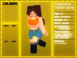 1futa 3d brown_hair character_profile character_sheet clothed_futanari futa_only futanari horny_futa human_futa iamcringe mine-imator minecraft pansexual ponytail skirt smile stephane_valeranie_(iamcringe) stockings tagme yellow_eyes