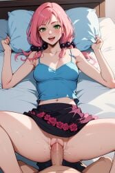 1girls ai_generated ass bed big_breasts breasts female grabbing_pillow human jojo's_bizarre_adventure jojolion light-skinned_female light_skin long_hair lying pink_hair pussy sex shounen_jump skirt smiling spread_legs stable_diffusion vaginal_penetration yasuho_hirose