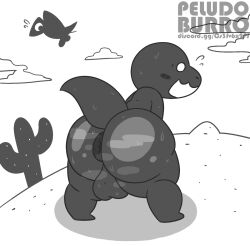 anthro ass avian balls big_butt bird black_and_white blush bodily_fluids cactus cloud dinosaur dinosaur_(google_chrome) genitals google google_chrome looking_at_viewer male male_only monochrome open_mouth peludoburro plant pterodactyl_(google_chrome) raised_tail reptile scalie solo standing surprised_expression sweat sweaty_balls sweaty_butt sweaty_genitalia tail thick_thighs wings