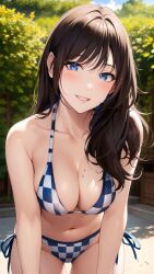 1girls ai_generated ai_mirror belly_button bikini blue_bikini blue_eyes blush brown_hair bushes garden leaning_forward long_hair looking_at_viewer medium_breasts outside smile trees white_skin