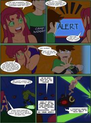 1boy 1girls alien alien_girl battle ben_10 ben_tennyson breasts brown_hair camp_w.o.o.d.y. camp_woody comic crossover dc english_text eye_guy fighting omnitrix putting_clothes_on red_hair red_hair_female slim2k6 speech_bubble starfire teen_titans text_box transformation wander_over_yonder