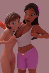 2girls 3d 3d_(artwork) anna_(frozen) black_hair blender crossover dibbs420 disney downblouse female female_only flashing_breasts frozen_(film) lilo_and_stitch long_hair nani_pelekai questionable_consent two_girls