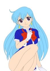 1girls aqua_hair busakumas female highres legs long_hair miniskirt no_panties photoshop purple_eyes short_dress skirt smile stewardess tenjouin_katsura thighs vector_trace yat_anshin_uchuu_ryokou