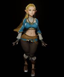 blonde_hair blue_eyes blue_nails breath_of_the_wild elf elf_ears elf_female elf_girl exposed_torso fingerless_gloves long_hair midriff nipple_bulge nipples_visible_through_clothing princess princess_zelda soboro the_legend_of_zelda turquoise_eyes wide_hips zelda_(breath_of_the_wild)