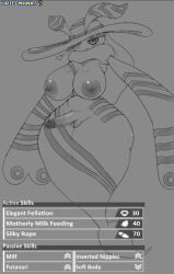 2024 animal_humanoid anthro arthropod arthropod_humanoid breasts female genitals gynomorph hair herm humanoid insect_humanoid insects intersex lepidopteran lepidopteran_humanoid looking_at_viewer moth_humanoid pal_(species) palworld pussy sibelyx simple_background solo text urielmanx7