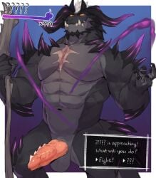 abs anthro claws dragon erection fangs front_view gakujo gameplay_mechanics genitals gui health_bar hi_res horn knot male muscular muscular_anthro muscular_male nude penis scalie solo spikes staff teeth text text_box yellow_eyes