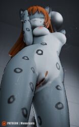 3d_(artwork) absurd_res anthro areola ass bathroom breasts digital_media_(artwork) felid female hair hi_res mammal medium_breasts momo_(monarquis) monarquis nipples nude pantherine red_hair sad shower snow_leopard solo water wet wet_body