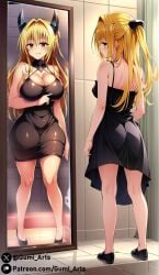 ai_generated bathroom blonde_hair cleavage corruption dark_persona evil_grin grin gumi_arts hair_ornament horns huge_breasts indoors konjiki_no_yami long_hair mirror mirror_reflection red_eyes shoes small_breasts stable_diffusion sundress thick_thighs to_love-ru to_love-ru_darkness to_love-ru_darkness_2nd wide_hips