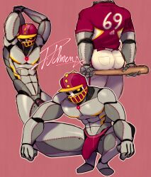 1boy armpits arms_above_head artist_signature baseball_uniform bulge color cum_through_clothes helmet jockstrap male metallic_body nude penis pitchman_(ttevh) precum robot sketch_page squatting text them_nasties toontown_event_horizon toontown_online