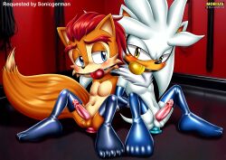 2boys anal anal_insertion anthro ball_gag balls bbmbbf blush bondage dildo dildo_in_ass elbow_gloves elias_acorn gloves latex latex_gloves male male_only mobius_unleashed nude palcomix penis sega sex_toy silver_the_hedgehog sonic_(series) sonic_the_hedgehog_(series)