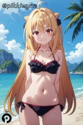 ahoge ai_generated arms_behind_back ass_visible_through_thighs bangs bare_shoulders beach bikini black_bikini blonde_hair blue_sky blush breasts closed_mouth cloud collarbone cowboy_shot day female frilled_bikini frills hair_between_eyes hair_bun hikikomari_kyuuketsuki_no_monmon long_hair looking_at_viewer navel ocean outdoors pikkiwynn red_eyes ribbon side-tie_bikini_bottom sky smile solo stomach swimsuit terakomari_gandezblood tree very_long_hair