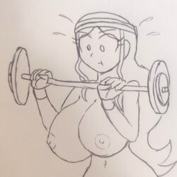 1girls barbell breasts clara_garcia exercise female female_only headband large_breasts long_hair mole_under_eye nairod103098 naked_headband navel nipples tagme training weightlifting weights