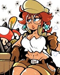 1girls abs breasts brown_hair cape_feather closed_eyes cosplay fio_germi fio_germi_(cosplay) glasses legendofnerd mario_(series) metal_slug mushroom navel nintendo princess_daisy solo super_mario_bros.