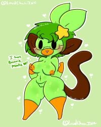 anthro black_eyes blush breasts english_text eyewear female generation_8_pokemon genitals glasses green_body green_hair grookey hair heart hi_res lewdchuu_(artist) nintendo pokemon pokemon_(species) pussy pyon_(lewdchuu) simple_eyes solo star tail text