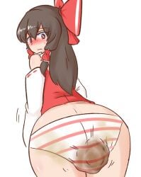 ass blush brown_eyes brown_hair hakurei_reimu looking_at_viewer panties panty_poop red_bow red_clothing reimu_hakurei scat shitting_self shrine soiling soiling_panties soiling_underwear striped_panties touhou touhou_project water_noodle