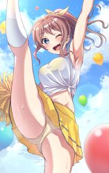 armpits balloon balloons bang_dream! belly_button below_view big_breasts blue_eyes bottom_view bow breasts brown_hair cheerleader cheerleader_outfit cheerleader_uniform cloud clouds legwear long_hair looking_at_viewer medium_breasts navel one_eye_closed pom_poms ponytail shorts skirt sky stockings sweat sweatdrop sweating sweaty sweaty_armpits sweaty_body sweaty_legs sweaty_thighs tagme thighs tied_shirt under_skirt viewed_from_below white_legwear white_stockings wink winking_at_viewer yamabuki_saaya yellow_bow yellow_skirt