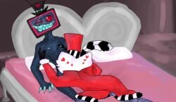 blowjob digital_media_(artwork) hazbin_hotel naked sucking sucking_penis valentino valentino_(hazbin_hotel) vox vox_(hazbin_hotel) yaoi