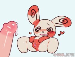 anthro artist_name black_nose blush blush_stickers bodily_fluids bunny clitoris female fur generation_3_pokemon genital_fluids genitals hearts human humanoid_genitalia humanoid_penis imminent_sex inviting leaking_precum long_ears male mammal nintendo penis pokemon pokemon_(species) precum pussy red_body red_fur rosy_cheeks spinda spiral_eyes star_rifle watermark white_body white_fur