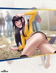 andava andavaverse choker crying_laughing female female_focus lying_on_floor lying_on_ground na-na_kim no_panties no_panties_under_skirt school tongue_piercing