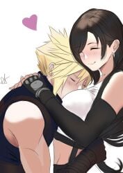 1boy 1girls arialla_draws black_elbow_gloves black_fingerless_gloves black_hair blonde_hair blush blushing breasts closed_eyes cloud_strife cute earrings elbow_gloves face_between_breasts face_in_breasts female final_fantasy final_fantasy_vii final_fantasy_vii_remake fingerless_elbow_gloves fully_clothed happy heart hug hugging long_hair male sleeveless_turtleneck smile smiling smothering spiky_hair straight suspenders tank_top tifa_lockhart white_tank_top wholesome