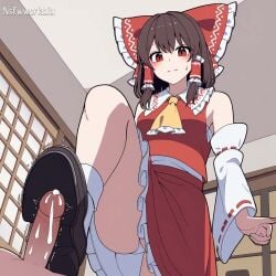 1boy 1boy1girl 1girls ai_generated footjob hairbow nsfwworks.ia reimu_hakurei shoejob touhou trample