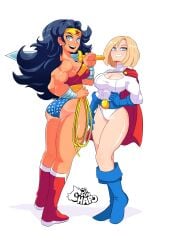 black_hair blonde_female blonde_hair blonde_hair_female blue_eyes cleavage cleavage_cutout clothed clothed_female dat_ass dc dc_comics female female_only fully_clothed kara_zor-l karen_starr multiple_girls power_girl revealing_clothes sonchapo superman_(series) sword thick_ass tight_clothing wonder_woman wonder_woman_(series)