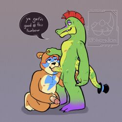 2024 alligator alligatorid bear black_nose blowjob bodypaint boner completely_nude completely_nude_male crocodile crocodilian crocodylid digital_drawing_(artwork) digital_media_(artwork) english english_text erection facepaint fangs five_nights_at_freddy's five_nights_at_freddy's:_security_breach gay gay_blowjob glamrock_freddy_(fnaf) hair hand_on_penis heart-shaped_pupils humanoid_genitalia humanoid_penis kneeling kneeling_oral_position looking_at_another looking_at_partner male male/male male_anthro male_focus male_only mammal mammal_humanoid masturbating masturbating_during_fellatio masturbation mohawk mohawk_(hairstyle) montgomery_gator_(fnaf) nude nude_male oral oral_sex penile penile_spines penis penis_grab penis_in_mouth penis_out precum precum_drip reptile reptile_humanoid scottgames shugdon simple_background smile smiley_face smiling steel_wool_studios sucking sucking_penis tail text text_bubble ursid ursid_humanoid