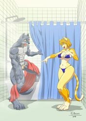 anthro big_breasts bikini breasts canine closed_eyes einom embarrassed feline female fur furry laugh male muscles nude open_mouth penis shower skimpy small_penis surprised wolf