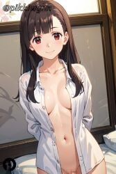 ai_generated arms_behind_back bangs blush breasts brown_hair censored closed_mouth collarbone collared_shirt cowboy_shot dress_shirt female indoors kono_subarashii_sekai_ni_shukufuku_wo! long_hair long_sleeves looking_at_viewer medium_breasts naked_shirt navel open_clothes open_shirt pikkiwynn red_eyes shirt smile solo white_shirt yuiyui_(konosuba)