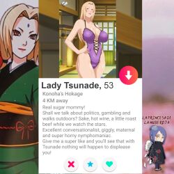 anime_style big_breasts bikini breasts busty cleavage konan light-skinned_female light_skin looking_at_viewer mature_female milf milf_love_young_man naruto naruto_(series) naruto_shippuden text tinder_(app) tsunade