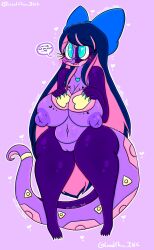 anthro arbok big_breasts blue_eyes breasts english_text eyewear female gala_(lewdchuu) generation_1_pokemon generation_3_pokemon genitals glasses hair hi_res lewdchuu_(artist) nintendo pokemon pokemon_(species) purple_body purple_hair pussy seviper solo text